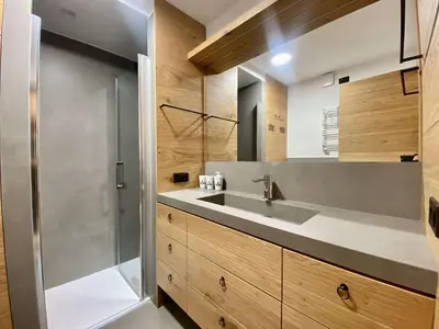 a bathroom with a sink and a shower at Charming ground floor flat with breathtaking views in Cortina dʼAmpezzo