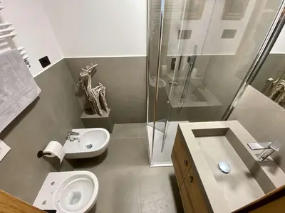 a bathroom with a sink and a toilet and a shower at Charming ground floor flat with breathtaking views in Cortina dʼAmpezzo