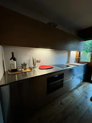 a kitchen with a red plate on the counter at Via Cantore Exclusive Stay in Cortina dʼAmpezzo