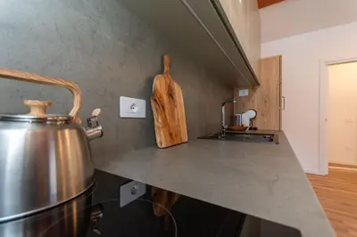 a kitchen with a counter top with a pot on it at Hapina Dolomiti with Garage in Cencenighe