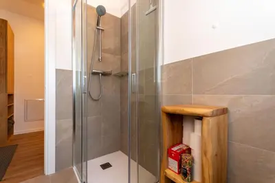 a shower with a glass door in a bathroom at Hapina Dolomiti with Garage in Cencenighe