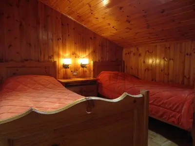 a bedroom with two beds in a wooden cabin at Appartamento Ciamp in Pozza di Fassa