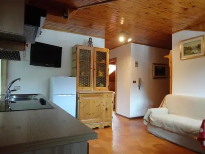 a kitchen with a refrigerator and a couch in a room at Appartamento Ciamp in Pozza di Fassa
