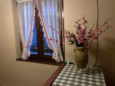 a vase with flowers on a table next to a window at Il Rifugio del Brunone in Valda