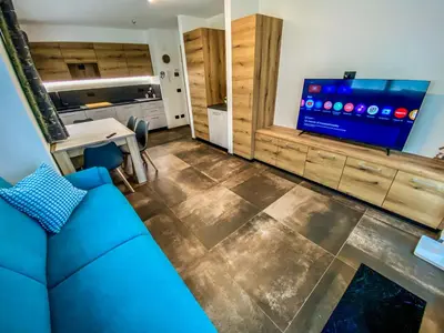 a living room with a blue couch and a tv at Cesa Bernard - Apartment Cima 12 e new Apartment Fraine in Pozza di Fassa