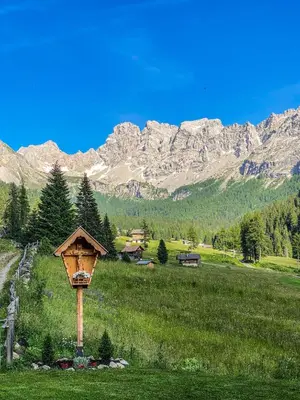 a bird house in a field with mountains in the background at Cesa Bernard - Apartment Cima 12 e new Apartment Fraine in Pozza di Fassa