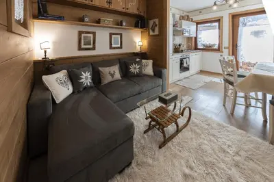 a living room with a couch and a table at Casa Col 2, near ski slopes in Cortina d Ampezzo in Cortina dʼAmpezzo