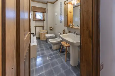 a bathroom with a sink and a toilet and a sink at Casa La Marignana, ricca di comfort a Cortina d Ampezzo in Cortina dʼAmpezzo