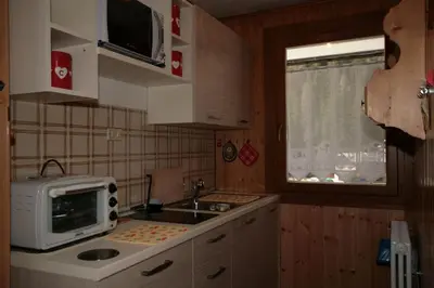 a small kitchen with a microwave and a sink at Appartamento Doleda in Canazei
