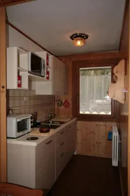 a small kitchen with a microwave and a sink at Appartamento Doleda in Canazei