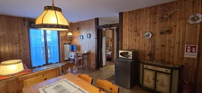 a dining room with wooden walls and a table and a lamp at Casa Vaiolet in Pozza di Fassa