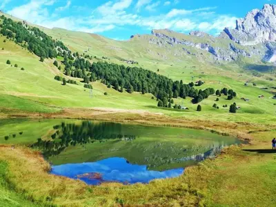 a lake in a field with mountains in the background at Apartment Cesa Vedla DOLOMITES by Interhome in Bulla