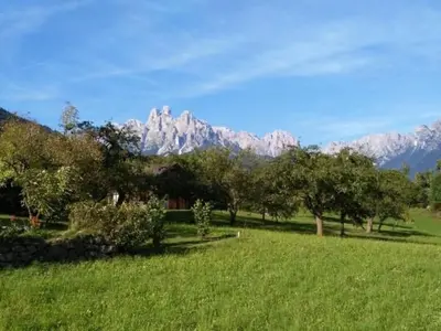 a field with trees and mountains in the background at Holiday Home Romantisches Chalet in den Wiesen der Dolomiten by Interhome in Mezzano