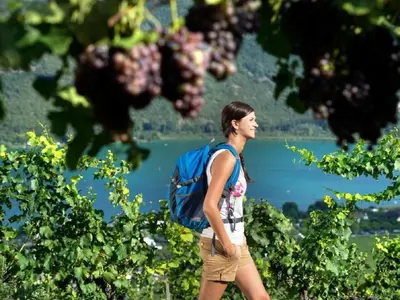a woman with a blue backpack walking through trees at Apartment Bergblick by Interhome in Castelvecchio