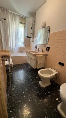 a bathroom with a toilet and a sink and a mirror at Apartment in the center of Cortina with private garage in Cortina dʼAmpezzo
