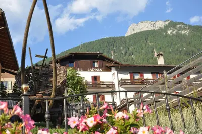 a building with a mountain in the background with flowers at El Ladinia Someda in Moena