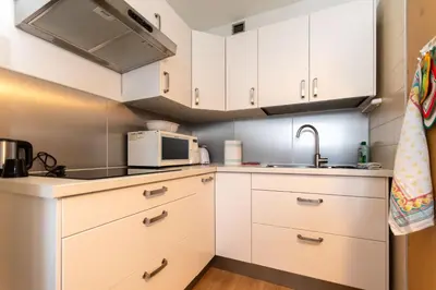 a kitchen with white cabinets and a microwave at Petit Cirsio in Santa Fosca