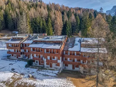 an aerial view of a building in the snow at Petit Cirsio in Santa Fosca