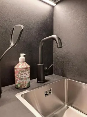 a kitchen sink with a soap dispenser next to a faucet at VHĀUS Apartment and Spa in Predazzo