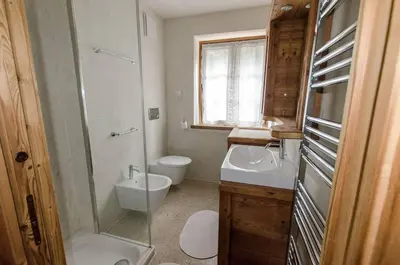 a bathroom with a toilet and a sink and a shower at Elegante Appartamento a Cortina in Cortina dʼAmpezzo