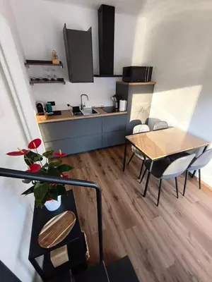 a kitchen and living room with a table and chairs at Nemus Alpine Living in Cavalese