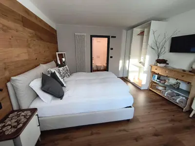 a bedroom with a white bed and a television at Nemus Alpine Living in Cavalese