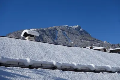 a snow covered roof with a mountain in the background at Sky Loft at Cervo - Panoramic Penthouse in Moena in Moena