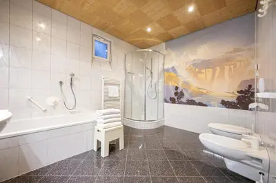 a bathroom with a shower and two toilets and a tub at Apartments Romy in Ortisei