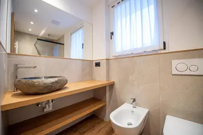 a bathroom with a stone sink and a toilet at Tito Apartments in Ortisei
