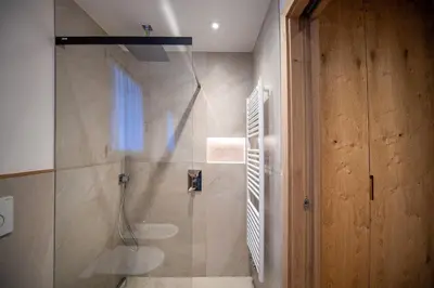 a bathroom with a shower with a toilet and a sink at Tito Apartments in Ortisei