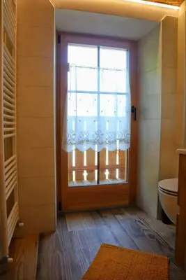 a bathroom with a door with a window and a toilet at Ciesa Le Crepedele Miniappartamento Mirandola in Sottoguda