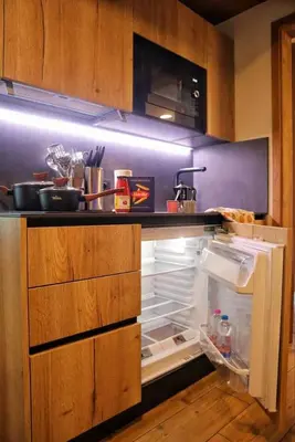 an open refrigerator with its door open in a kitchen at Ciesa Le Crepedele Miniappartamento Mirandola in Sottoguda