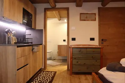 a kitchen with a sink and a cabinet in a room at Ciesa Le Crepedele Miniappartamento Mirandola in Sottoguda
