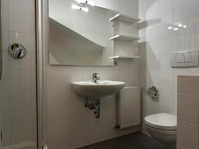 a bathroom with a sink and a toilet and a mirror at Appartamento panoramico vicino al Kronplatz in Riscone