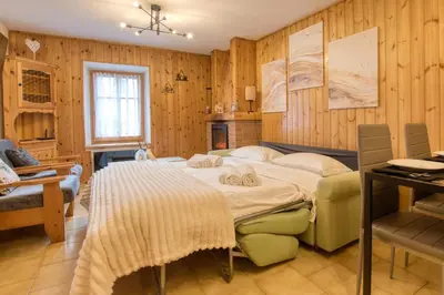 a bedroom with a bed in a room with wooden walls at Chalet Salejada - WiFi comfort and elegance in Moena