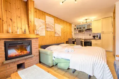 a bedroom with a fireplace and a bed in a room at Chalet Salejada - WiFi comfort and elegance in Moena