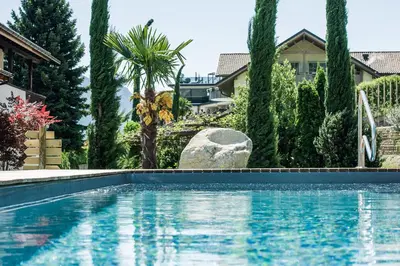 a swimming pool in front of a house with trees at Premium Apartments Faselehof in Marlengo