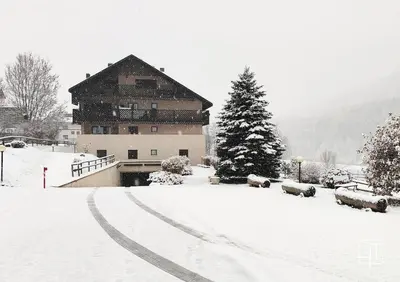 a snow covered yard with a house and a tree at HT - Appartamento centrale nel cuore delle Dolomiti in San Vito di Cadore