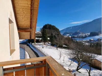 a balcony with a view of a snow covered mountain at Aurturist Moar - San Lorenzo di Sebato in Floronzo