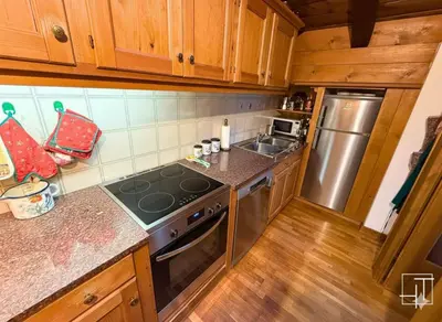 a kitchen with a stove and a stainless steel refrigerator at HT - Chalet panoramico con vista sulle Dolomiti in San Vito di Cadore