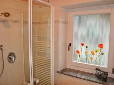 a bathroom with a window with flowers on it at Apartment Elegantes und geräumiges Dachgeschosszimmer in den Dolomiten by Interhome in Mezzano