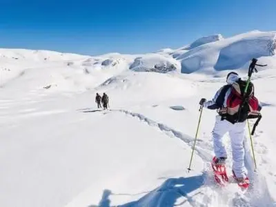 a group of people on skis in the snow at Apartment Elegantes und geräumiges Dachgeschosszimmer in den Dolomiten by Interhome in Mezzano