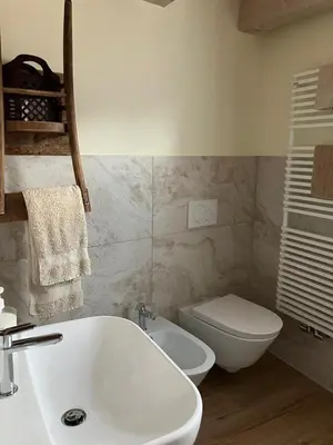 a bathroom with a white sink and a toilet at Casa Mia in Agordo
