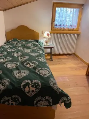 a bedroom with a bed with a green blanket and a window at Chalet Luxury Pelmo in San Vito di Cadore