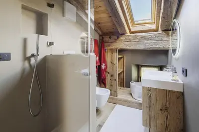 a bathroom with a shower and a toilet and a sink at Cortina Penthouse Attico Villa Diana in Pocol