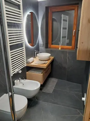 a bathroom with a sink and a toilet and mirror at Casa Zena in Tesero