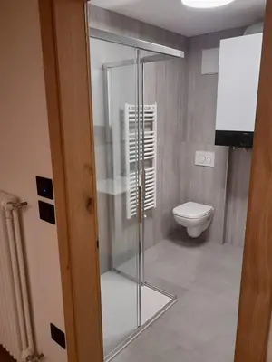 a glass shower in a bathroom with a toilet at Casa Zena in Tesero