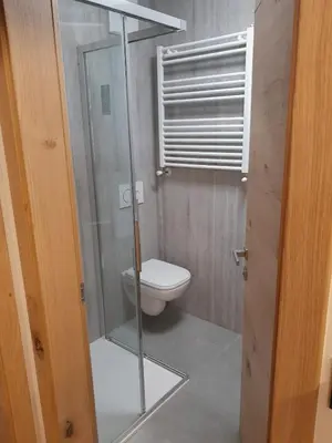 a bathroom with a toilet and a glass shower at Casa Zena in Tesero