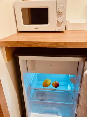a refrigerator with two apples in front of a microwave at primiero-suite 45mq in Transacqua
