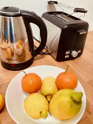 a plate of fruit on a table next to a toaster at primiero-suite 45mq in Transacqua